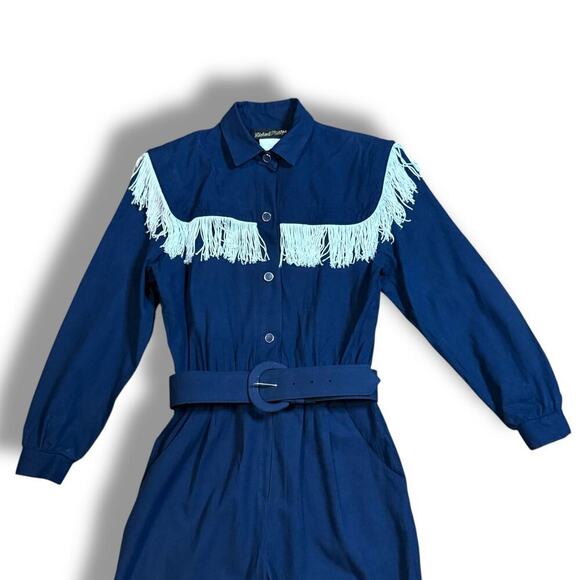 VTG Michael Phillips Western Jumpsuit Womens Navy White Fringe One Piece Sz 5 - Picture 2 of 12